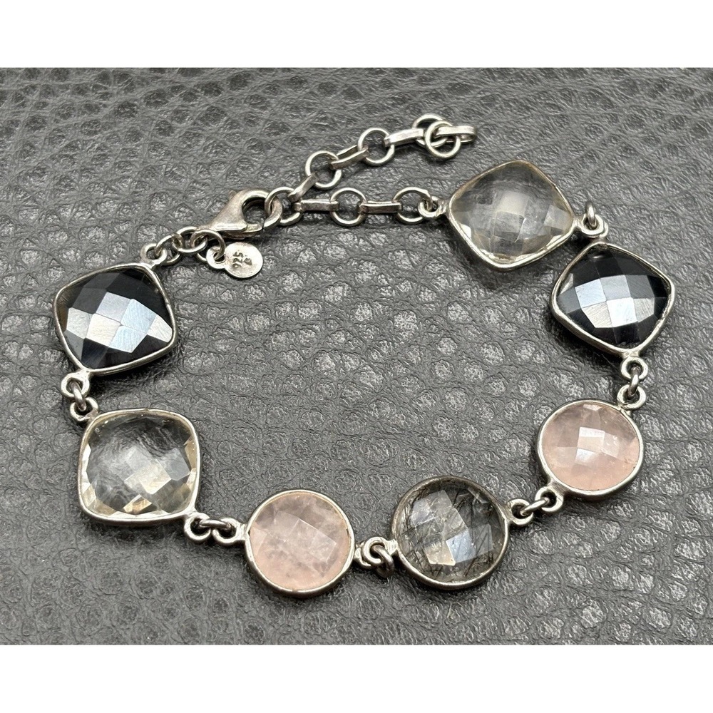 Vintage Sterling Silver 925 Faceted Gemstone Bracelet Rutilated and Rose Quartz